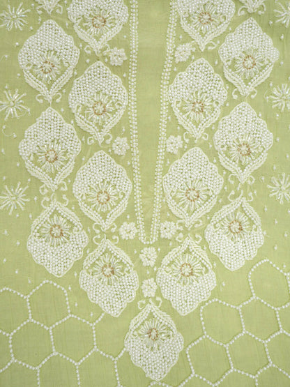 Women Hand Embroidered Premium Chikankari Mul Chanderi Unstitched Kurta Dupatta Bottom Set-ALSCA85201FS Mint
