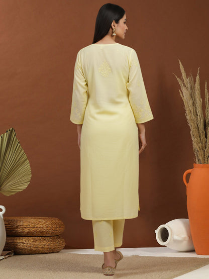 Women Hand Embroidered Chikankari Muslin Kurta Set-AL4104KS Yellow