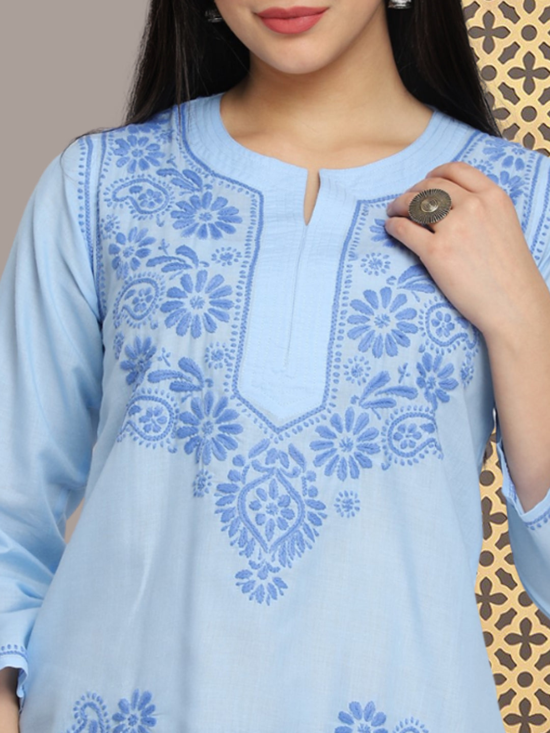 Hand Embroidered Chikankari Cotton Straight Kurti-AL3405 Denim