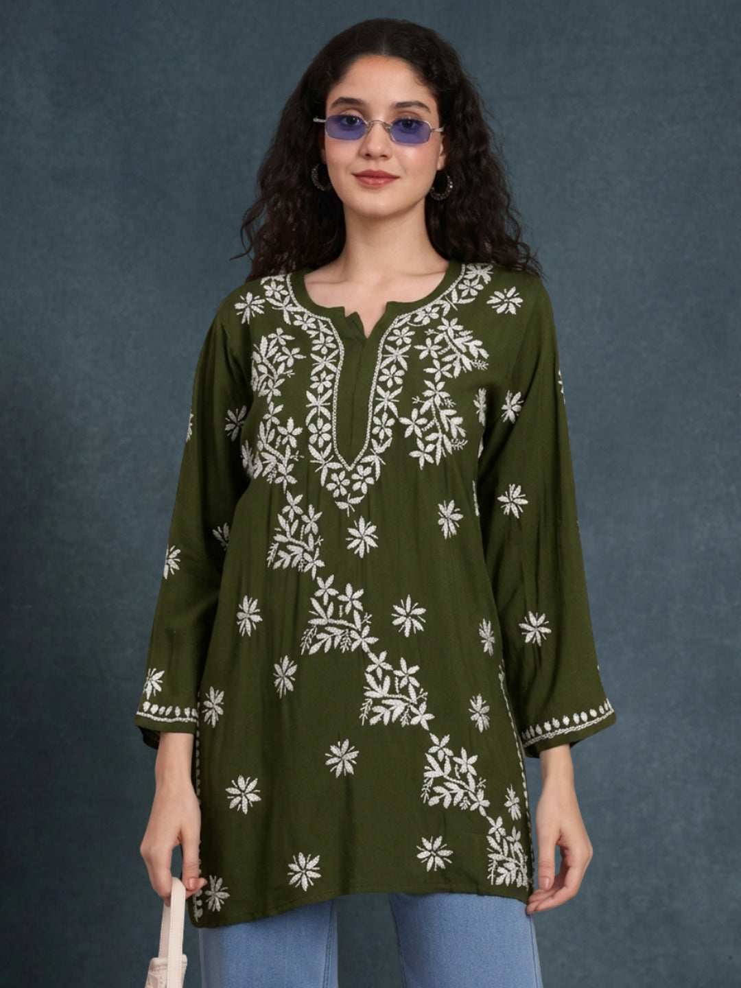 Women Chikankari Hand Embroidered Rayon Kurti -AL4071 Olive