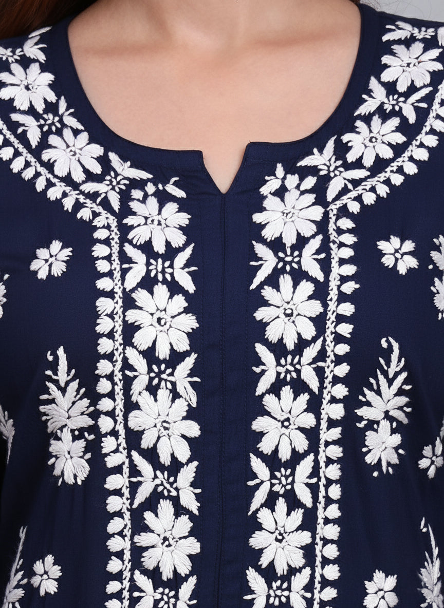 Women Hand Embroidered Chikankari Modal Straight Kurta-AL4042 Navy