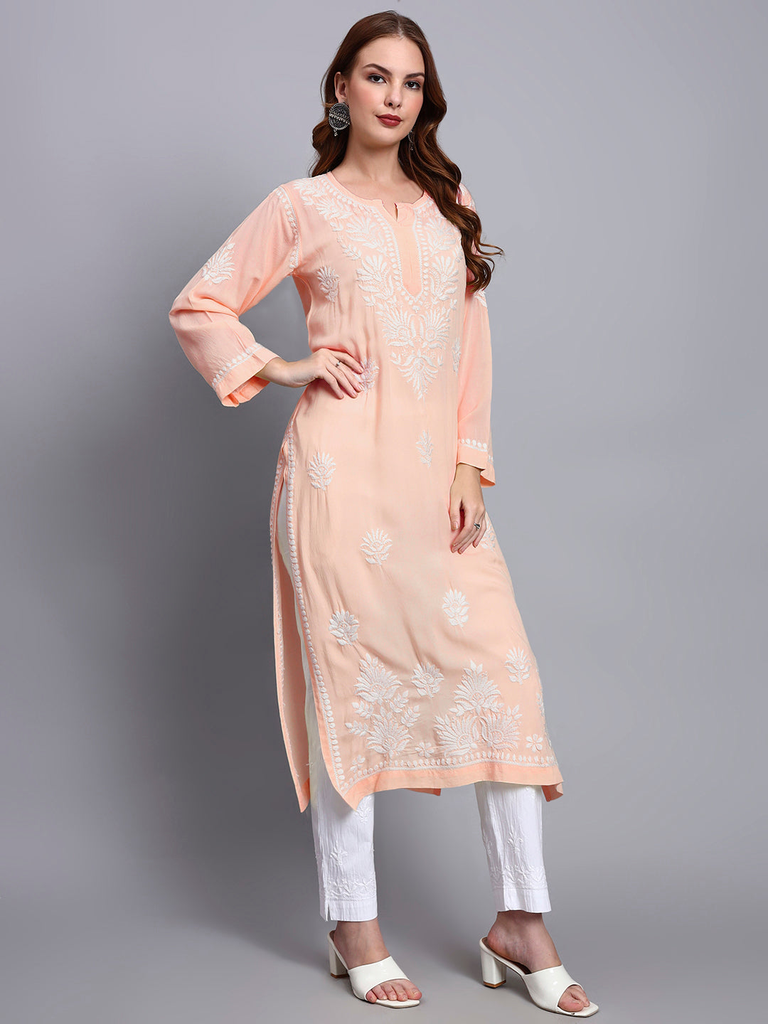 Hand Embroidered Chikankari Modal Straight Kurta-AL3683 Peach