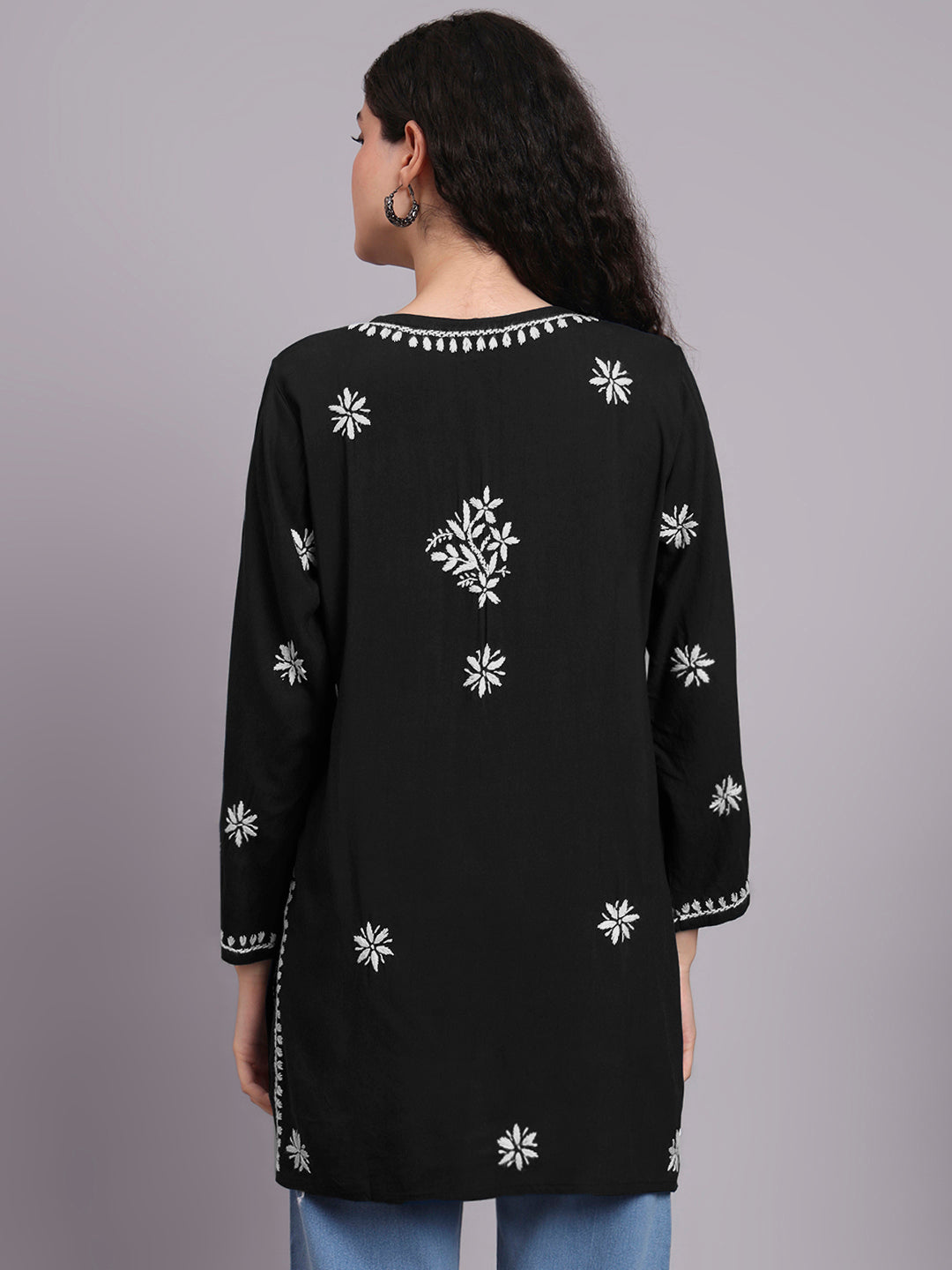 Women Hand Embroidered Chikankari Rayon Kurti-AL4071 Black
