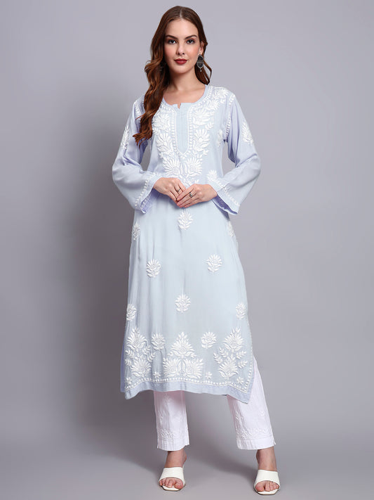 Hand Embroidered Chikankari Modal Straight Kurta-AL3683 Lavender