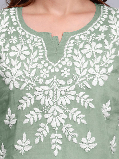 Women Hand Embroidered Chikankari Mulmul Short Top -AL3724 Green