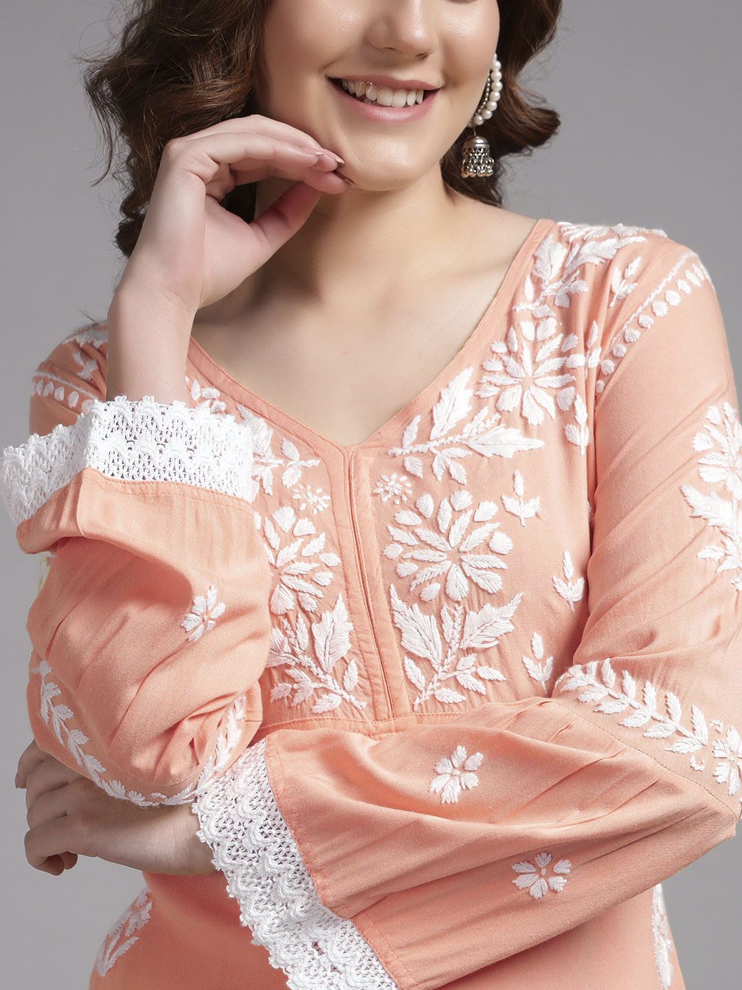 Women Hand Embroidered Lucknowi Chikankari Rayon Kurta Set-AL4077KS Peach