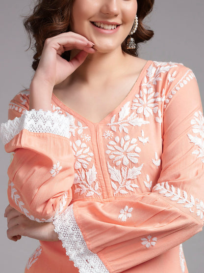 Women Hand Embroidered Lucknowi Chikankari Rayon Kurta Set-AL4077KS Peach