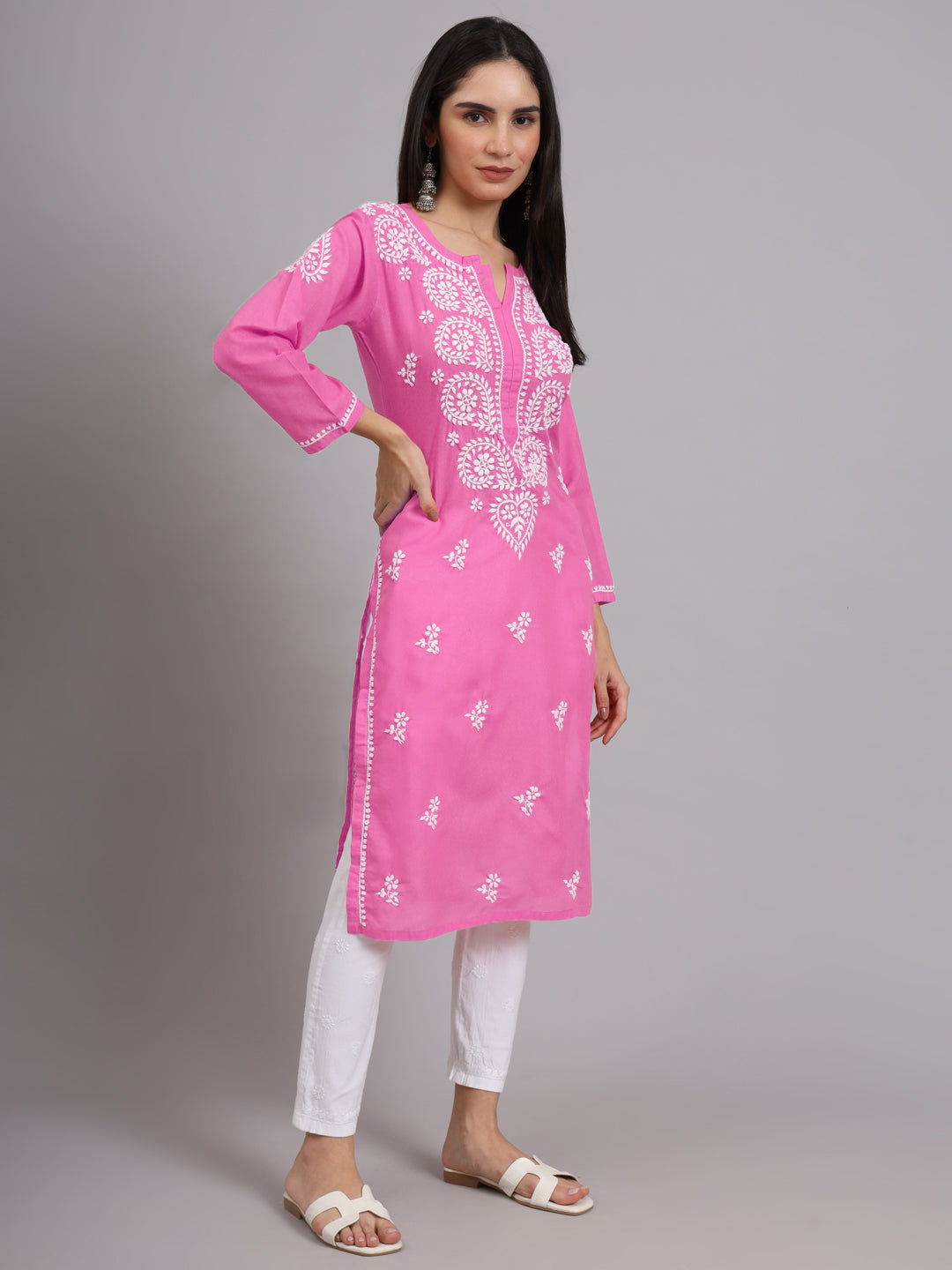 Hand Embroidered Chikankari Cotton Straight Kurta-AL3997 Dark Pink