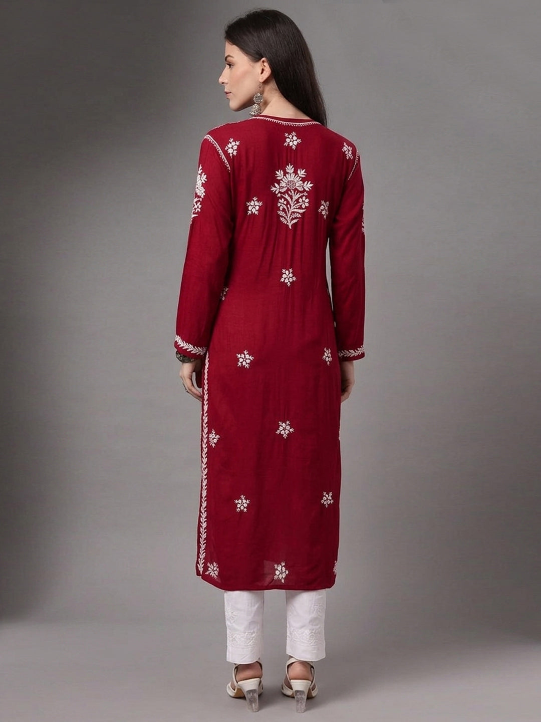 Women Hand Embroidered Modal Chikankari Kurta-AL4059 Red