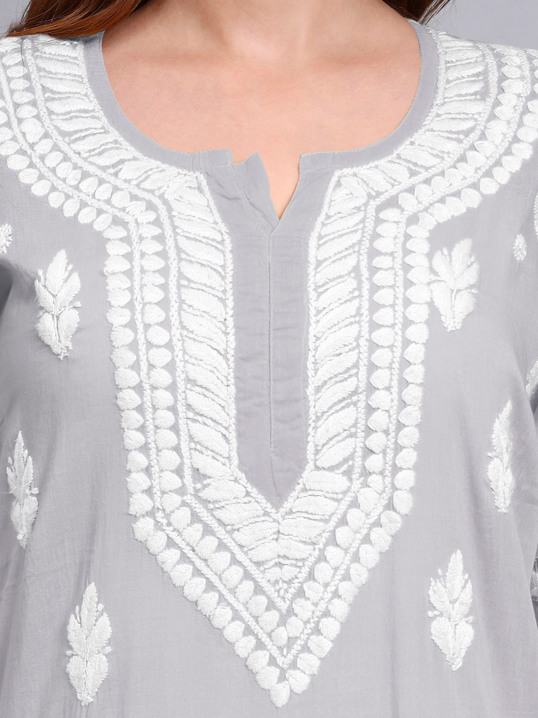 Women Hand Embroidered Chikankari Mulmul Kurti -AL3723 Grey