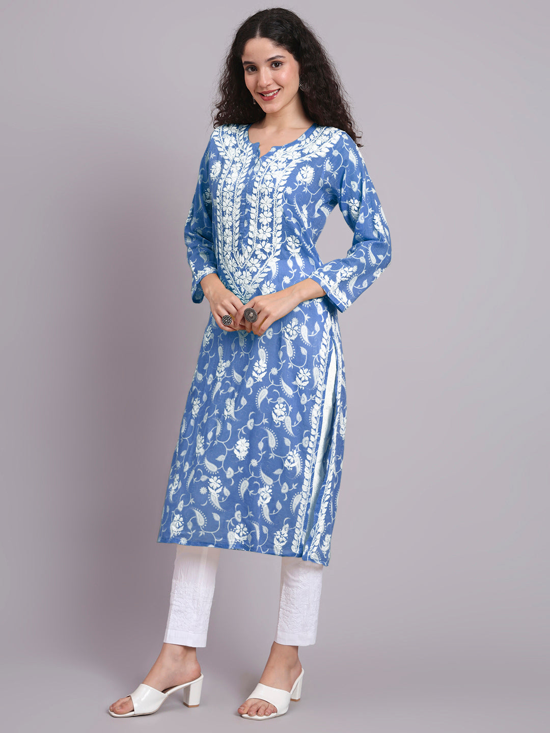 Women Hand Embroidered Chikankari Mul Printed Cotton Kurta-AL4072 Denim