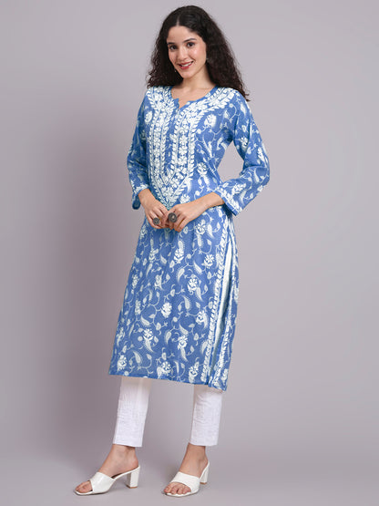 Women Hand Embroidered Chikankari Mul Printed Cotton Kurta-AL4072 Denim