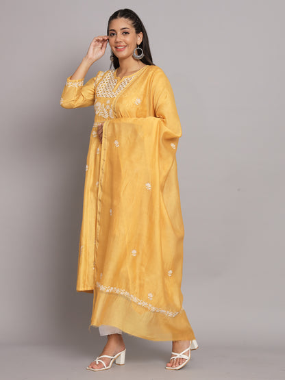 Hand embroidered Chikankari Chanderi Cotton Kurta Set and Dupatta with Mukaish AL3665KS