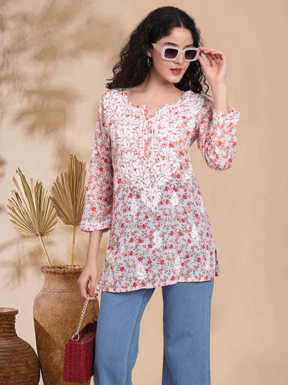 Women Hand Embroidered Chikankari Printed Cotton Kurti-AL4073 Red