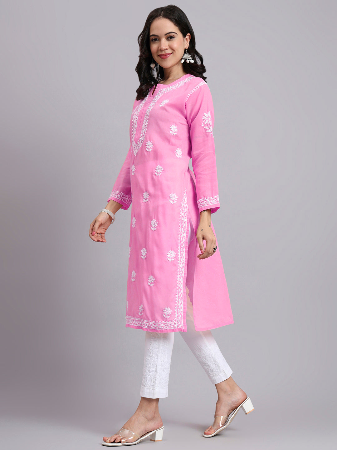 Women Hand Embroidered Chikankari Cotton Kurta-AL3999 Pink