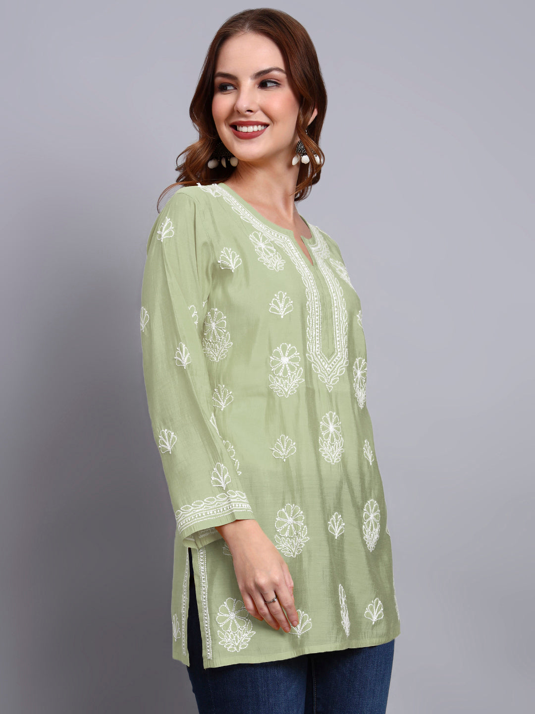 Women Hand Embroidered Chikankari Chanderi Short Kurti-AL4090 Green