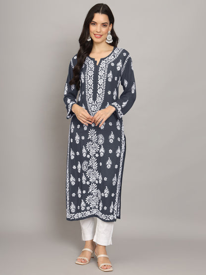 Women Hand Embroidered Chikankari Modal Straight Kurta-AL4042 Grey