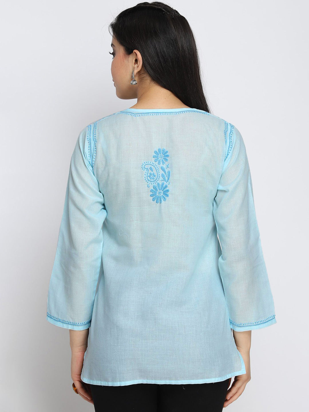 Hand Embroidered Chikankari Cotton Straight Kurti-AL3405 Skyblue
