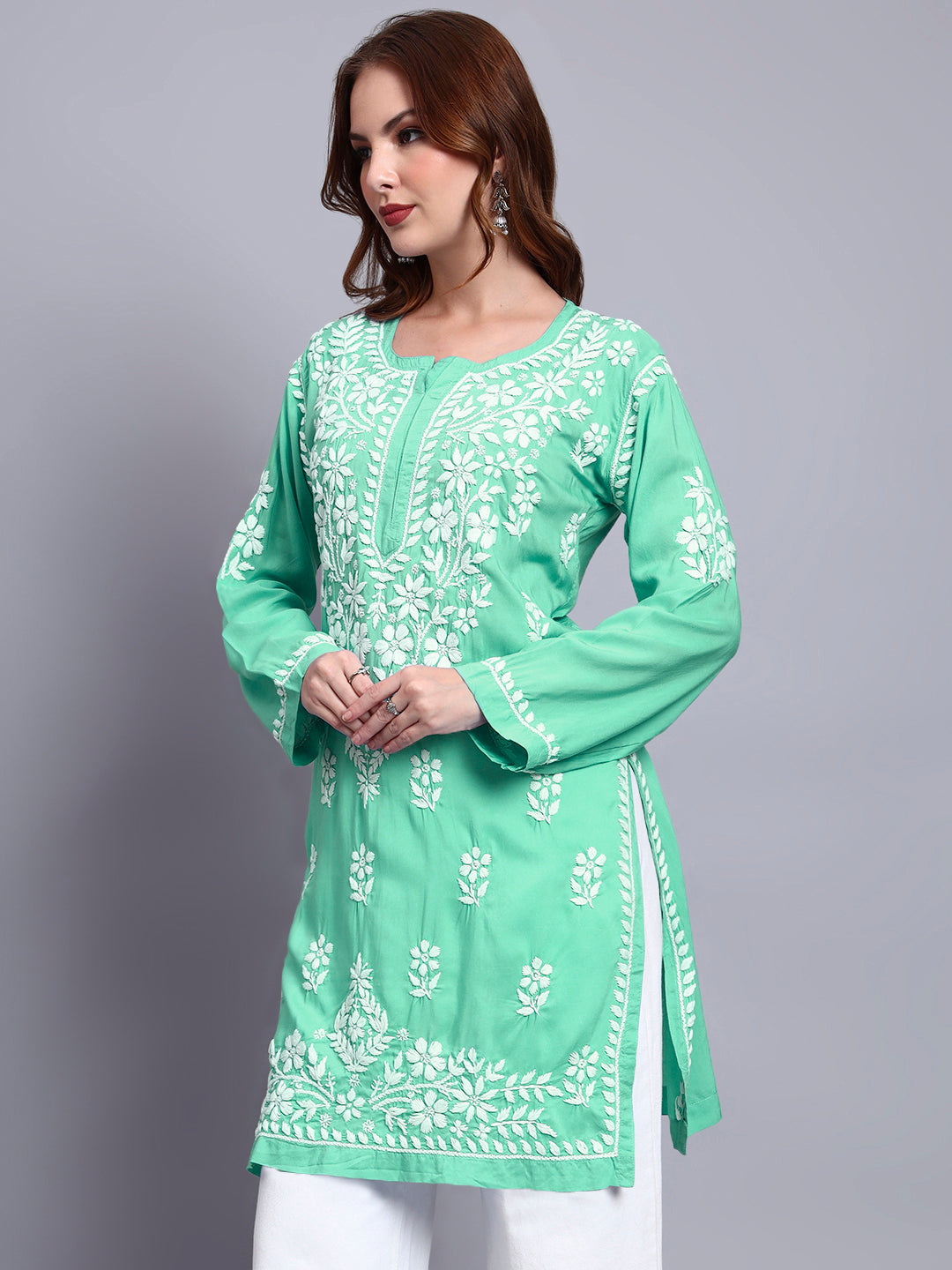 Women Hand Embroidered Chikankari Modal Kurti -AL3702 Lightgreen