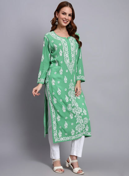 Women Hand Embroidered Chikankari Modal Straight Kurta-AL4042 Mint