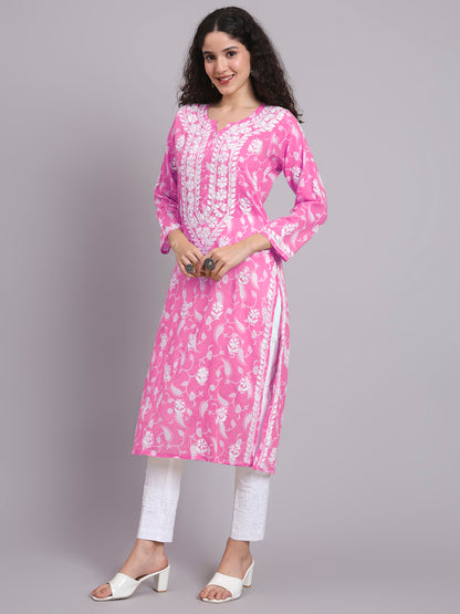 Women Hand Embroidered Chikankari Mul Printed Cotton Kurta-AL4072 Pink
