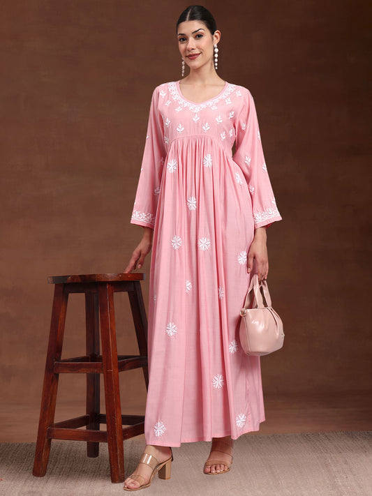 Hand Embroidered Chikankari Chanderi Jalabiya-AL4087 Pink
