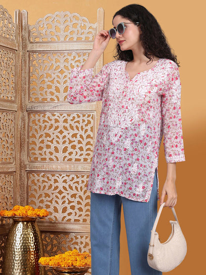 Women Hand Embroidered Chikankari Printed Cotton Kurti-AL4073 Pink