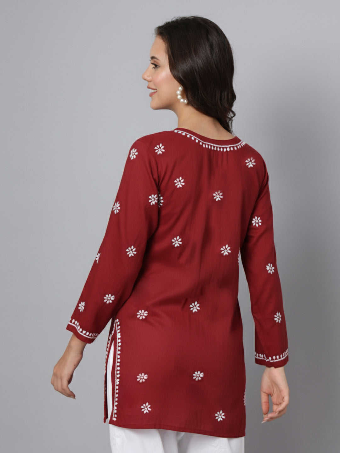 Women Hand Embroidered Modal Chikankari Kurti-AL3611 Maroon