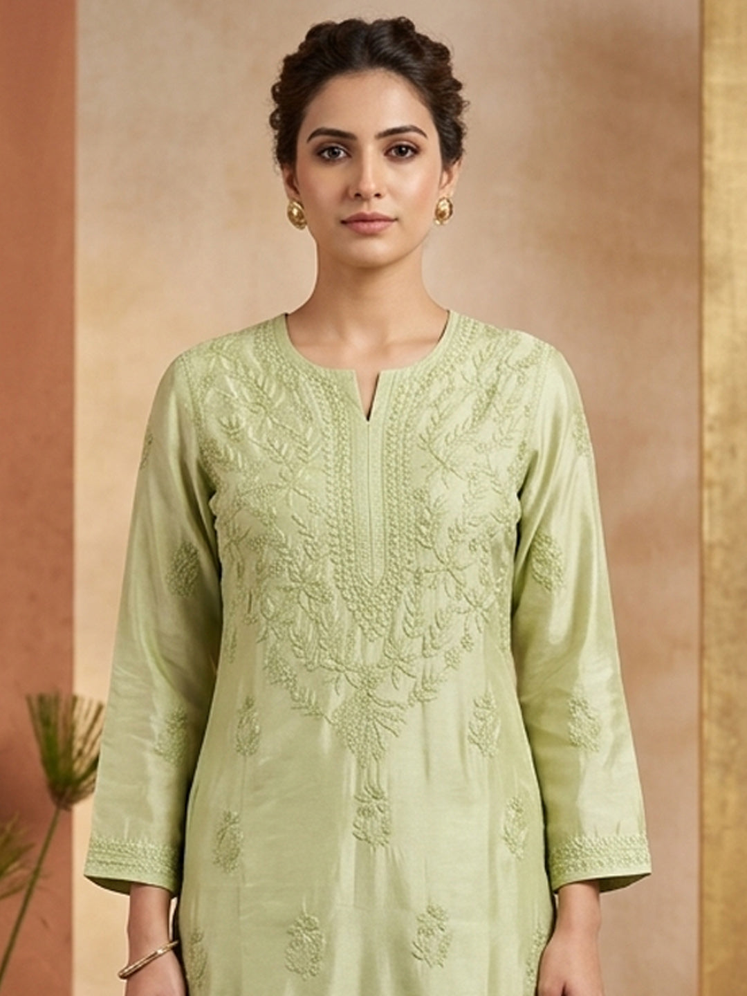 Women Hand Embroidered Chikankari Muslin Kurta Set-AL4118KS Olive