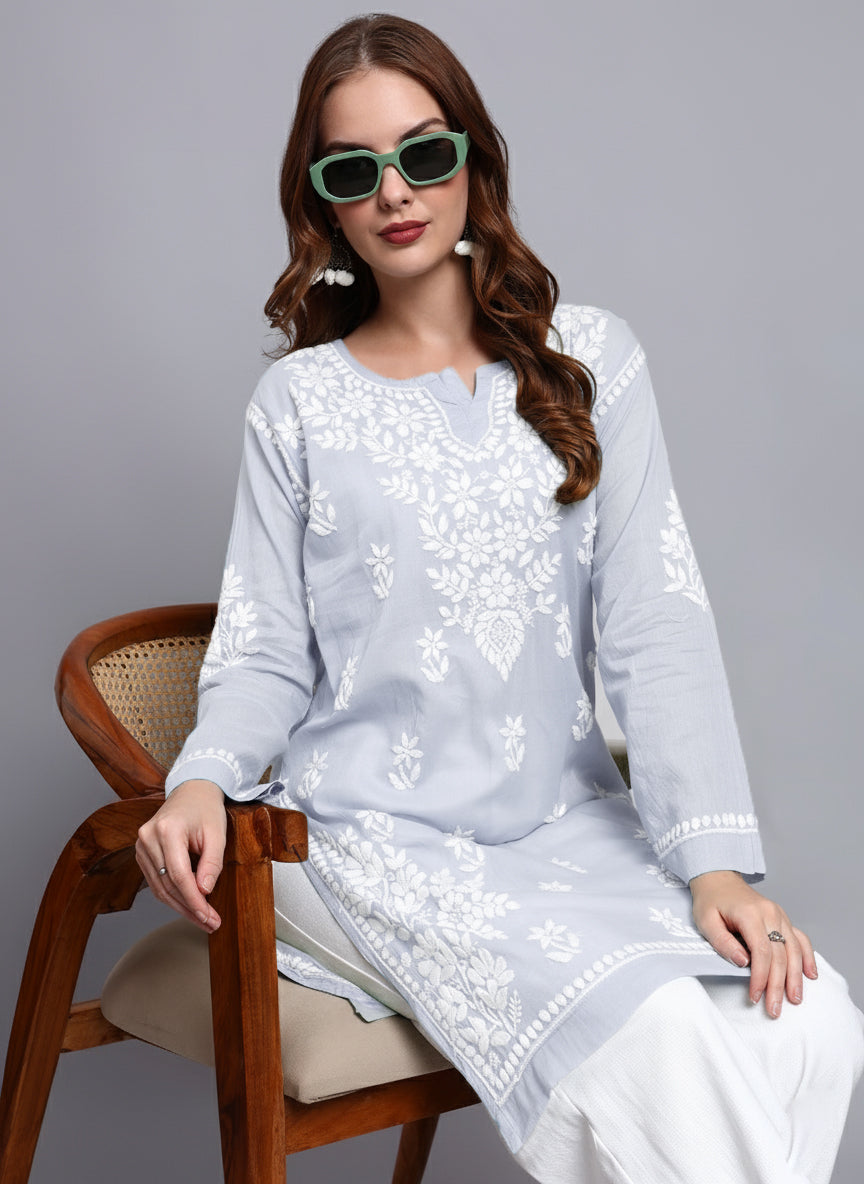Women Hand Embroidered Chikankari Cotton Kurti -AL3685 Lavender