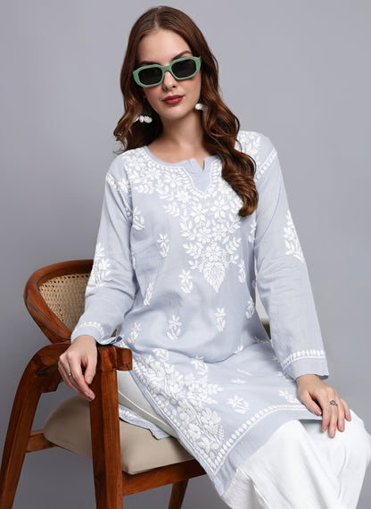 Women Hand Embroidered Chikankari Cotton Kurti -AL3685 Lavender