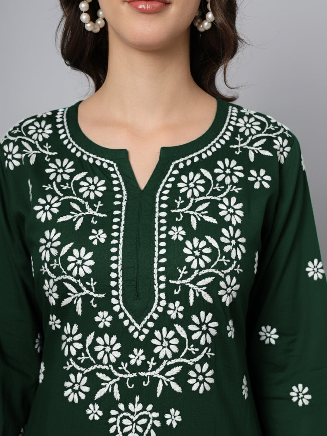 Women Hand Embroidered Modal Chikankari Kurti-AL3611 Bottle Green
