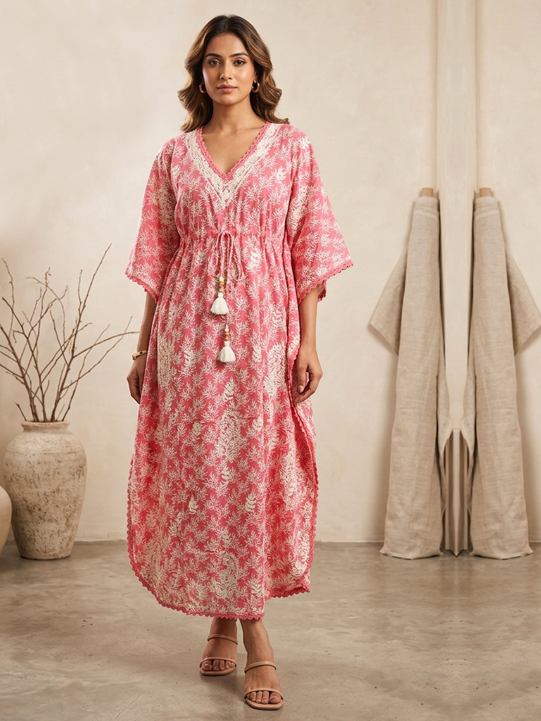 Hand Embroidered Chikankari Cotton Kaftan-AL3833 New Coral