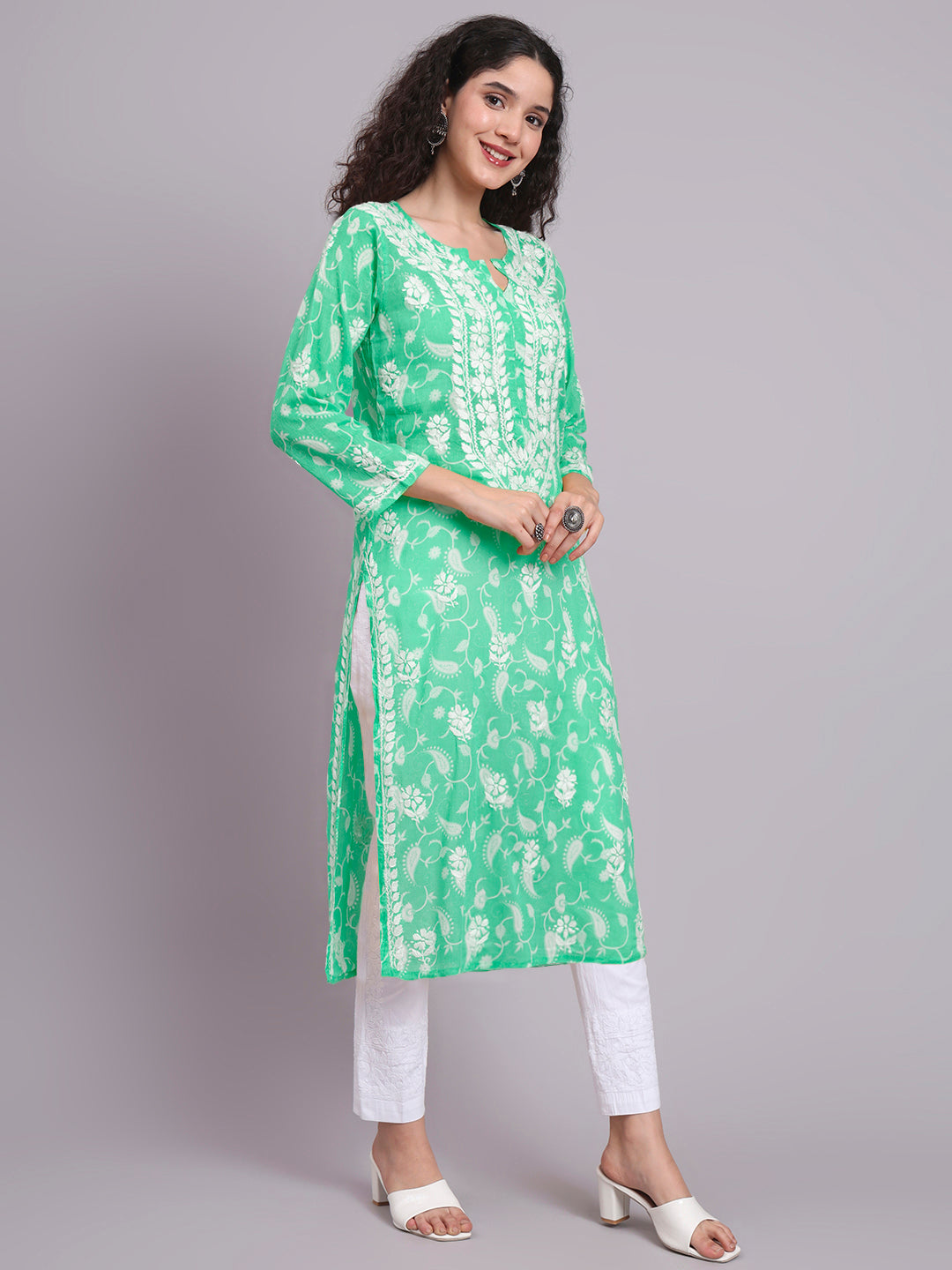 Women Hand Embroidered Chikankari Mul Printed Cotton Kurta-AL4072 Sea Green