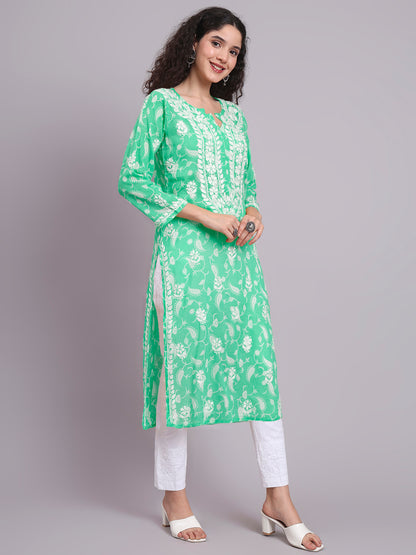 Women Hand Embroidered Chikankari Mul Printed Cotton Kurta-AL4072 Sea Green
