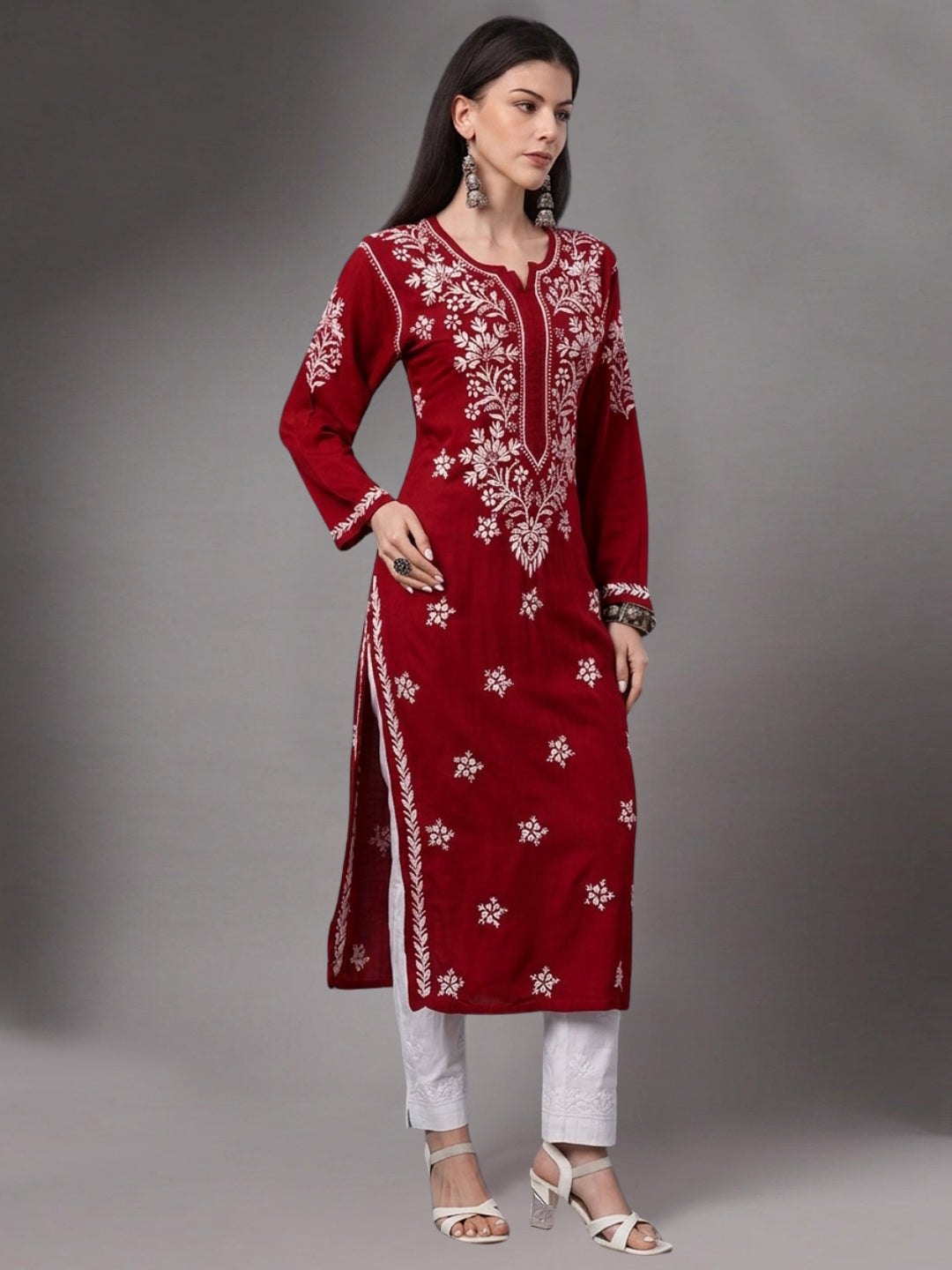 Women Hand Embroidered Modal Chikankari Kurta-AL4059 Red