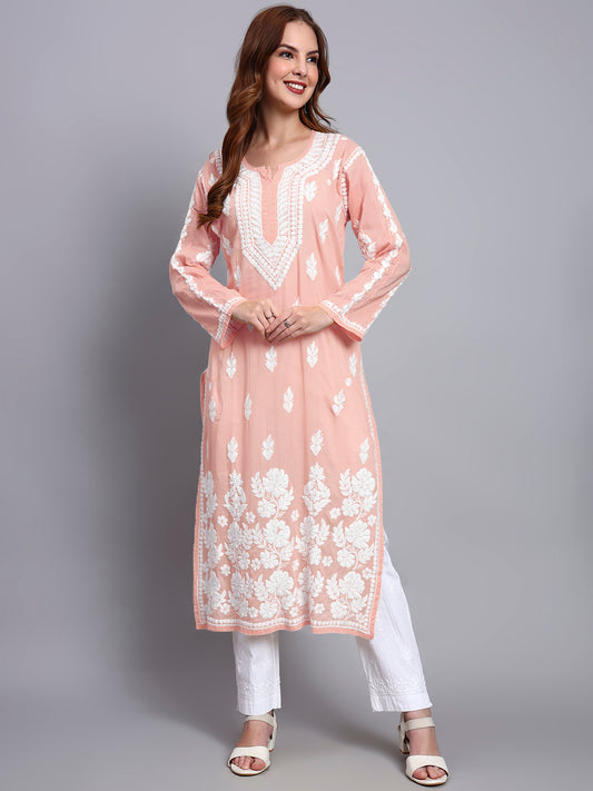 Women Hand Embroidered Chikankari Mulmul Kurti -AL3723 Peach