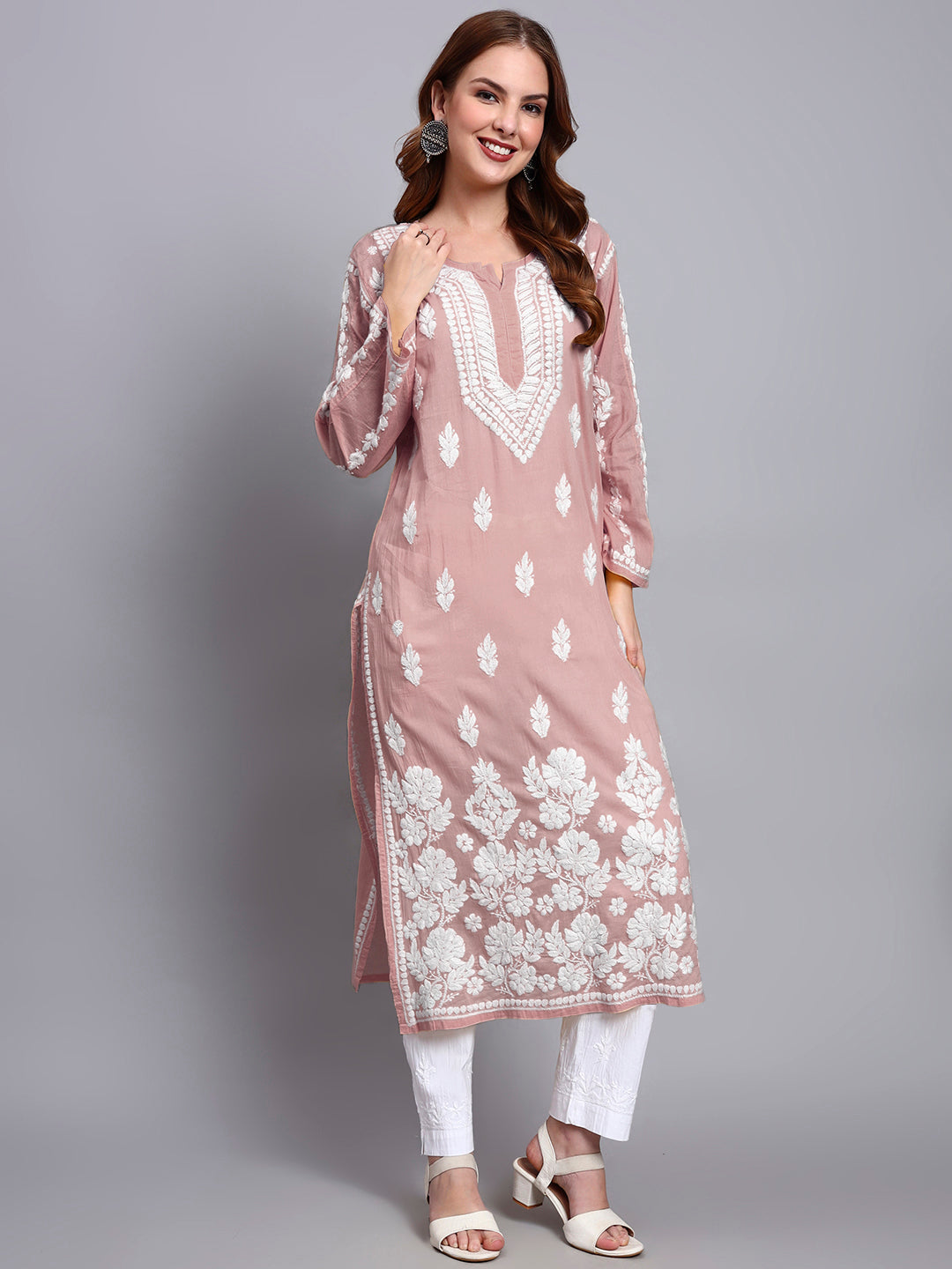 Women Hand Embroidered Chikankari Mulmul Kurti -AL3723 Rust