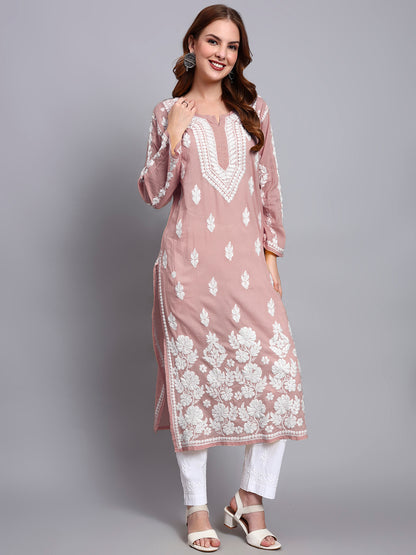 Women Hand Embroidered Chikankari Mulmul Kurti -AL3723 Rust
