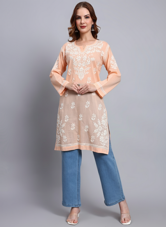 Women Hand Embroidered Chikankari Cotton Kurti -AL3685 Peach