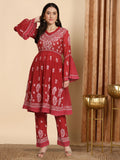 Hand Embroidered Chikankari Chanderi Cotton Frock Style Kurta Pant-AL3661KS Maroon