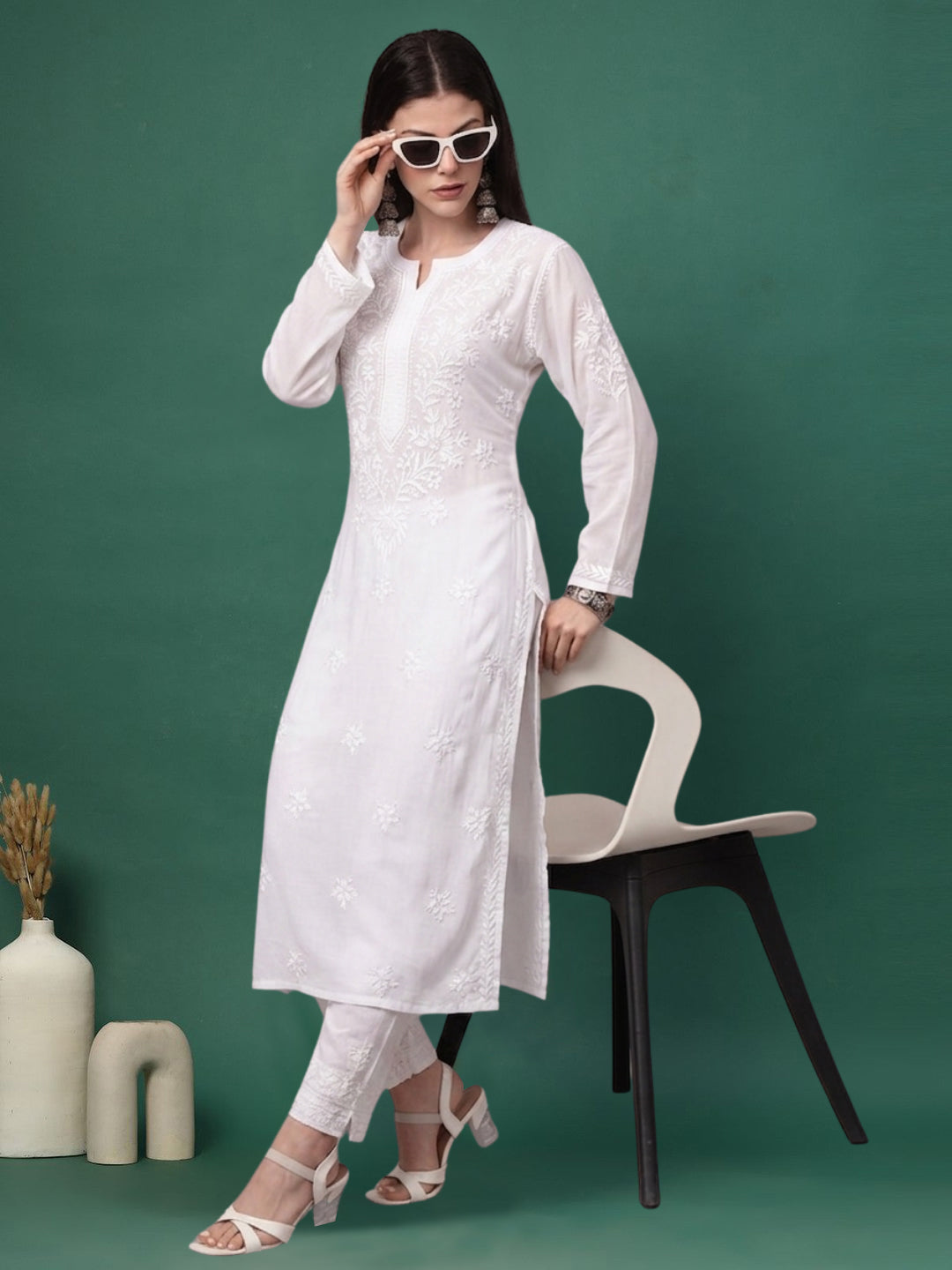 Women Hand Embroidered Modal Chikankari Kurta-AL4059 White