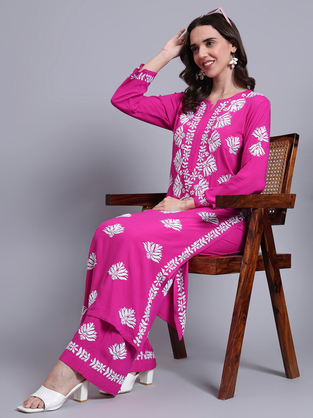 Women Hand Embroidered Chikankari Rayon Kurta Set-AL4084KS Magenta