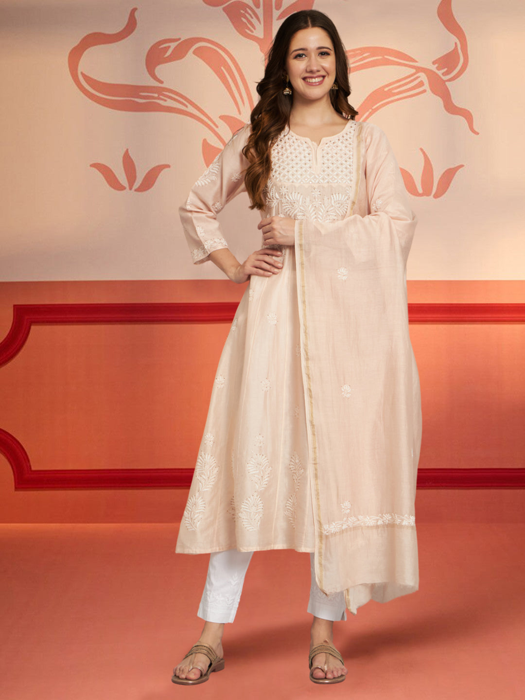 Hand embroidered Chikankari Chanderi Cotton Kurta Set and Dupatta with Mukaish AL3665KS