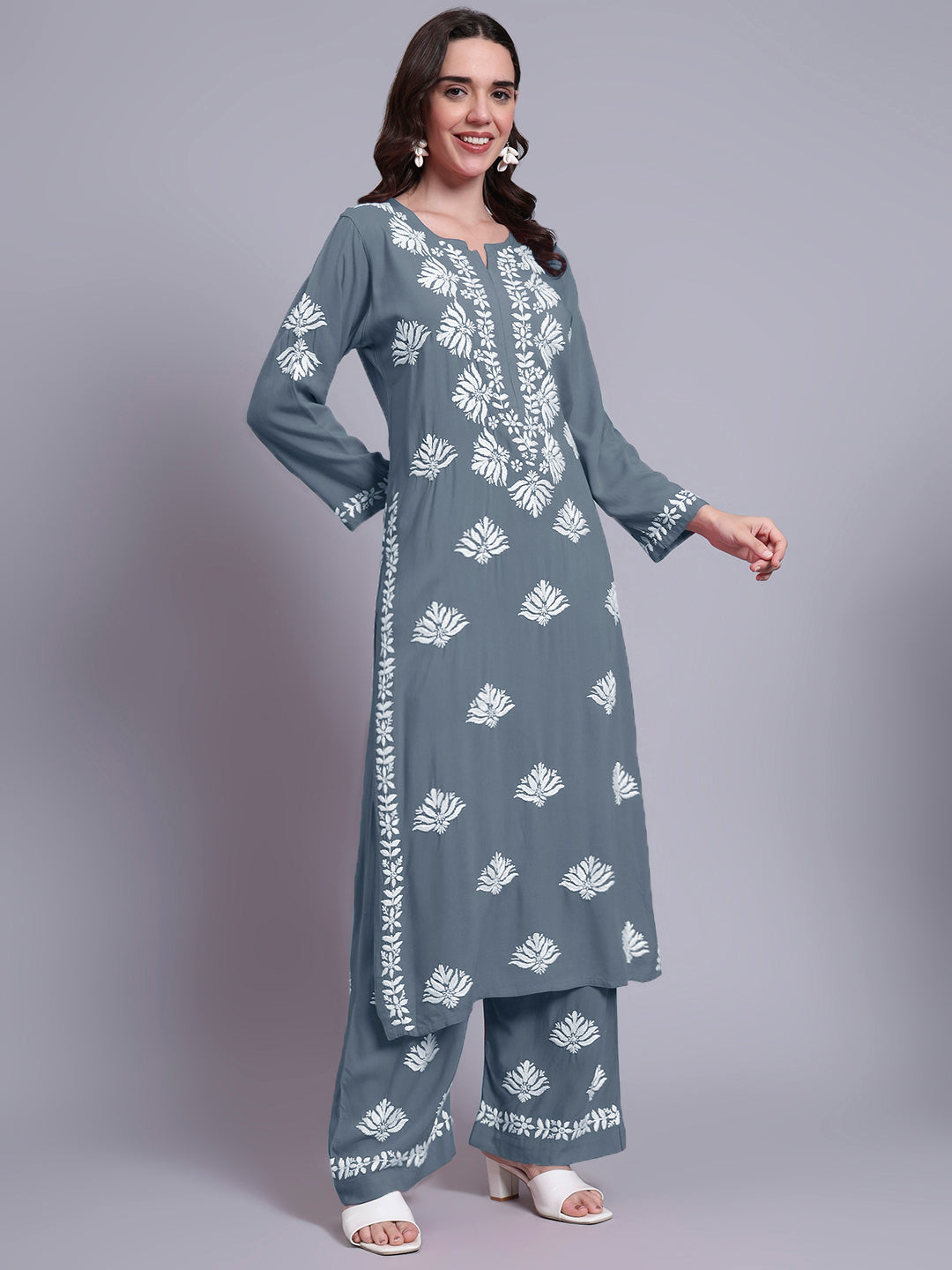 Women Hand Embroidered Chikankari Rayon Kurta Set-AL4084KS Grey