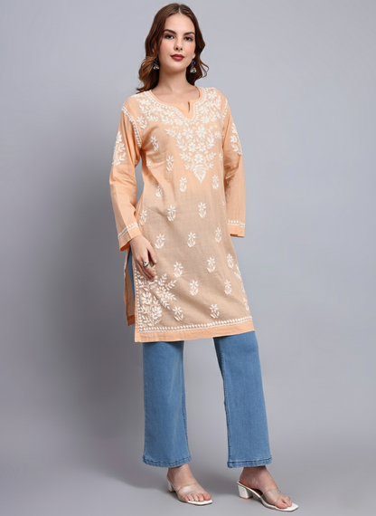 Women Hand Embroidered Chikankari Cotton Kurti -AL3685 Peach