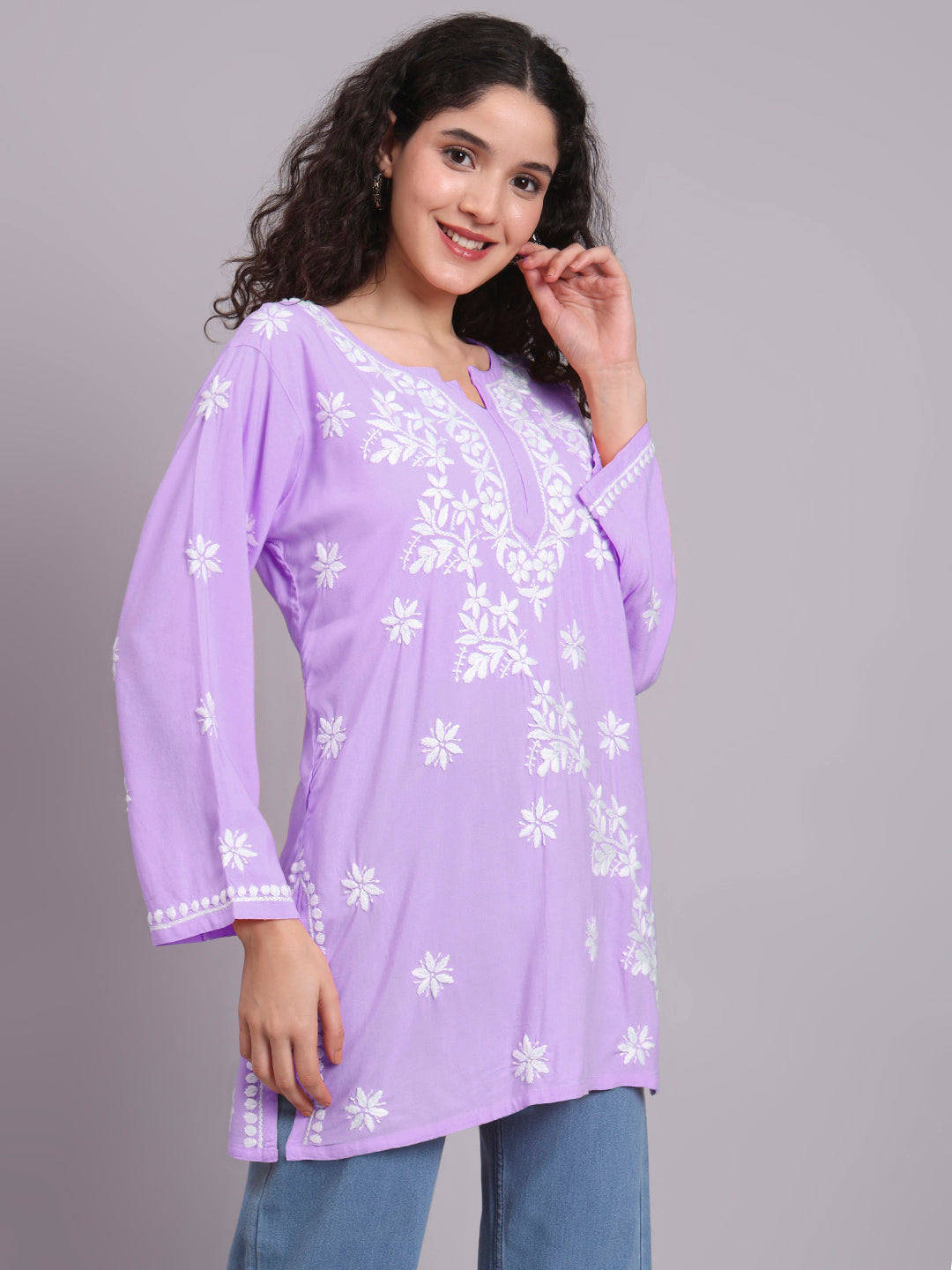 Women Chikankari Hand Embroidered Rayon Kurti -AL4071 Lavender