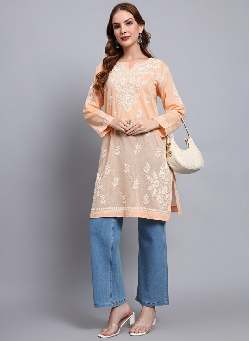 Women Hand Embroidered Chikankari Cotton Kurti -AL3685 Peach