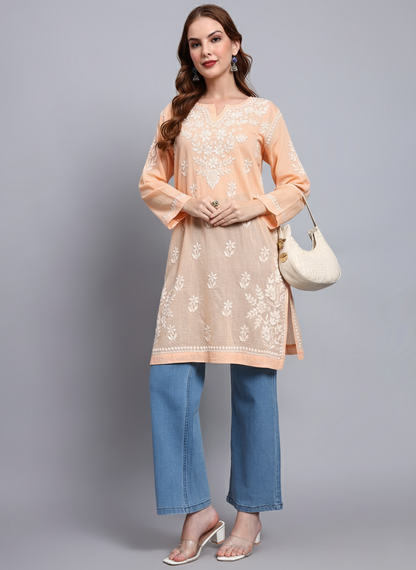 Women Hand Embroidered Chikankari Cotton Kurti -AL3685 Peach