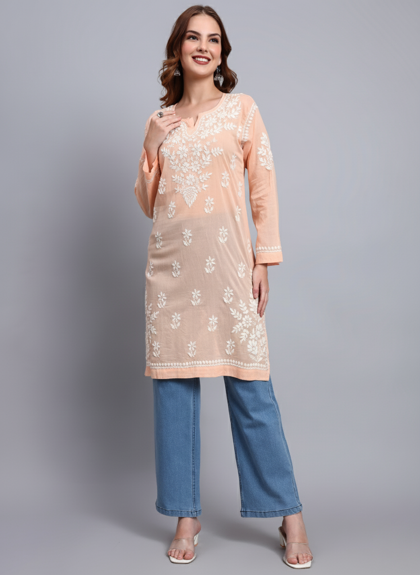 Women Hand Embroidered Chikankari Cotton Kurti -AL3685 Peach